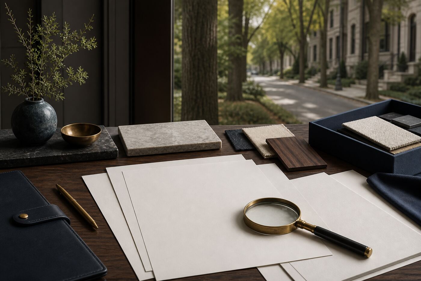 Blank property documents and material samples arranged for confidential buyer due diligence